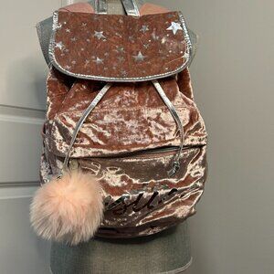 Justice Pink Faux Fur Backpack w Silver stars and Accents GUC